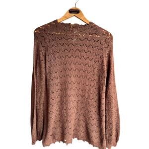 VTG St. John Open Crochet Knit Brown Sweater LARGE 70's Lightweight Boho Zip up